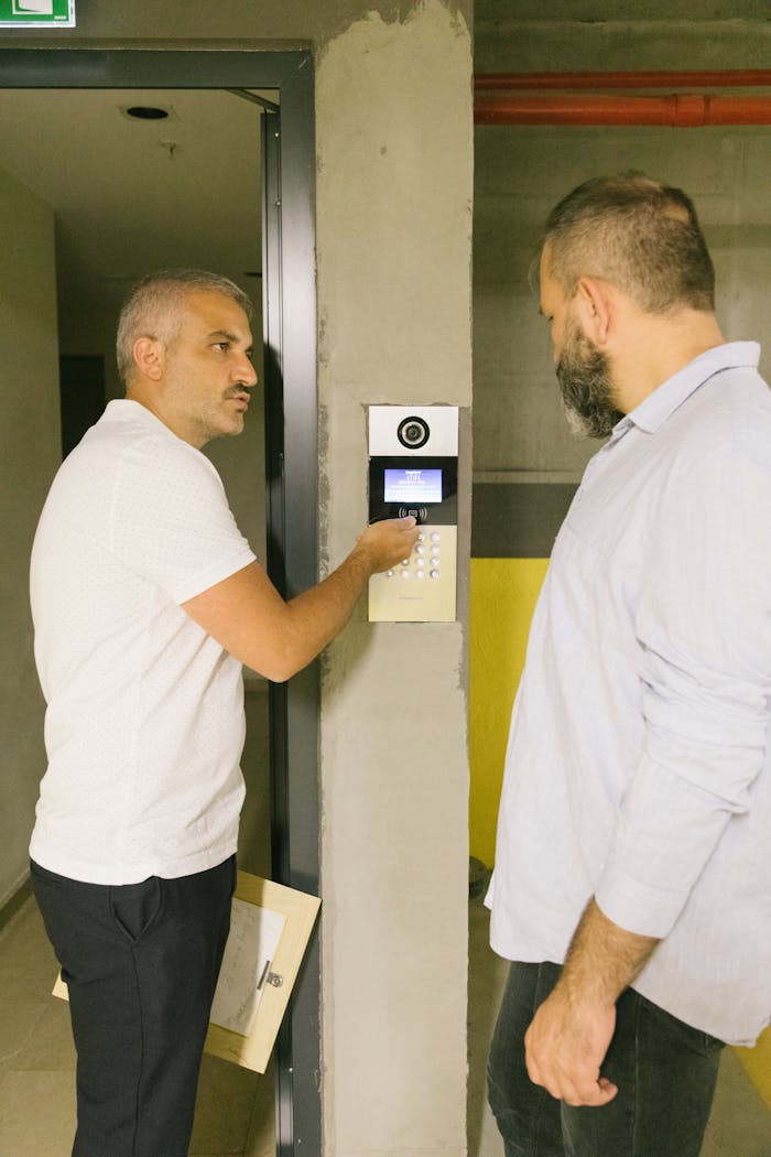 about-01 Two men standing by a digital keypad in a building corridor, discussing access control.